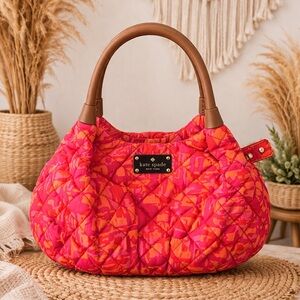 Kate Spade Quilted Orange and Pink Printed Nylon Handbag with Storybook Lining